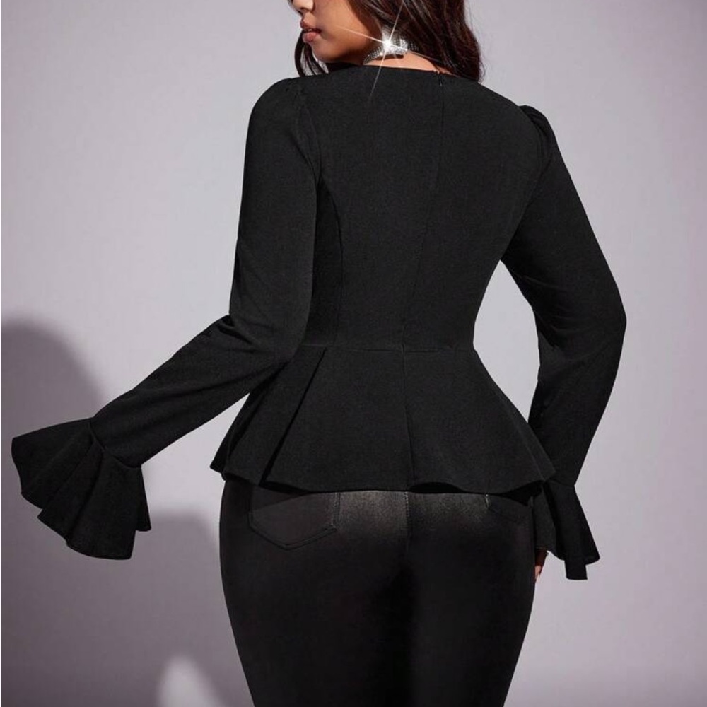 Elegant Long Sleeve Flare Peplum Top Blouse Shirt Green - Picture 12 of 16